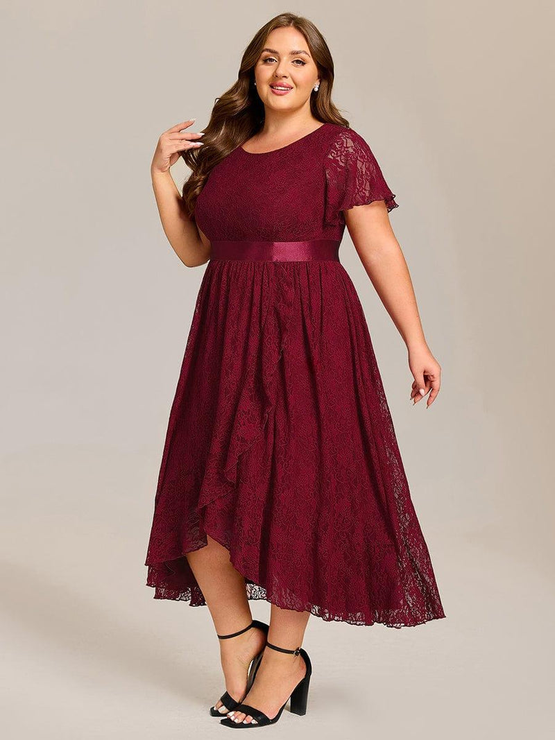 pretty SEVYN|Plus Size Short Sleeve Ruffled Lace Midi Weeding Guest Dress