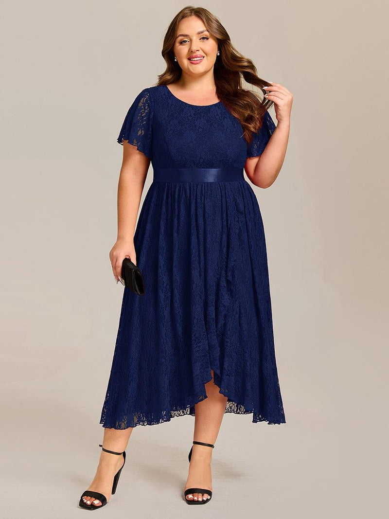 pretty SEVYN|Plus Size Short Sleeve Ruffled Lace Midi Weeding Guest Dress
