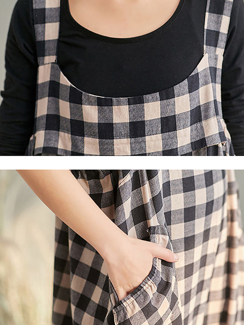 Plus Size Women Loose Casual Checkered Bib Overalls