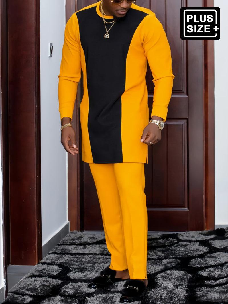 Plus Size Casual Yellow Colorblock Long Sleeve Men's Set