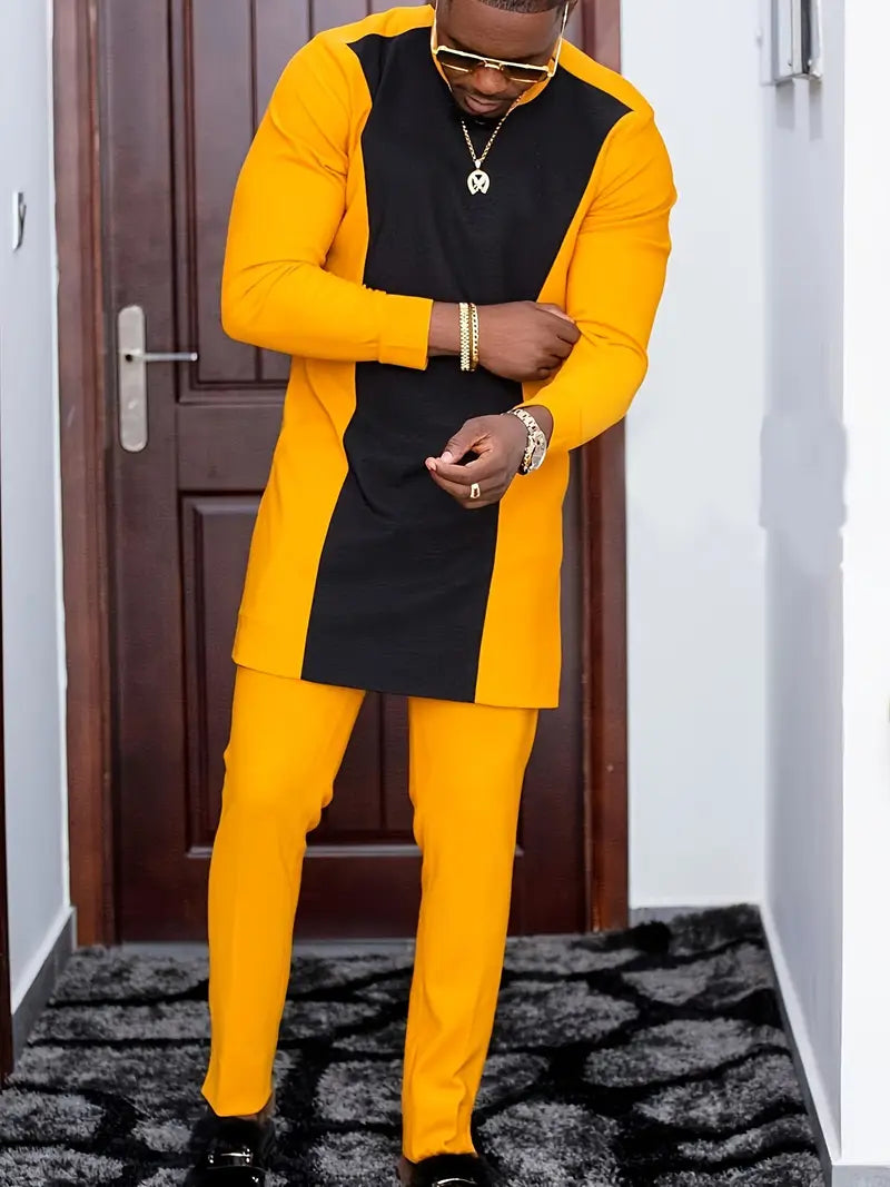 Plus Size Casual Yellow Colorblock Long Sleeve Men's Set
