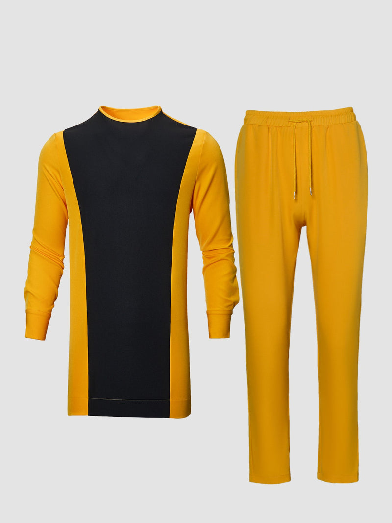 Plus Size Casual Yellow Colorblock Long Sleeve Men's Set