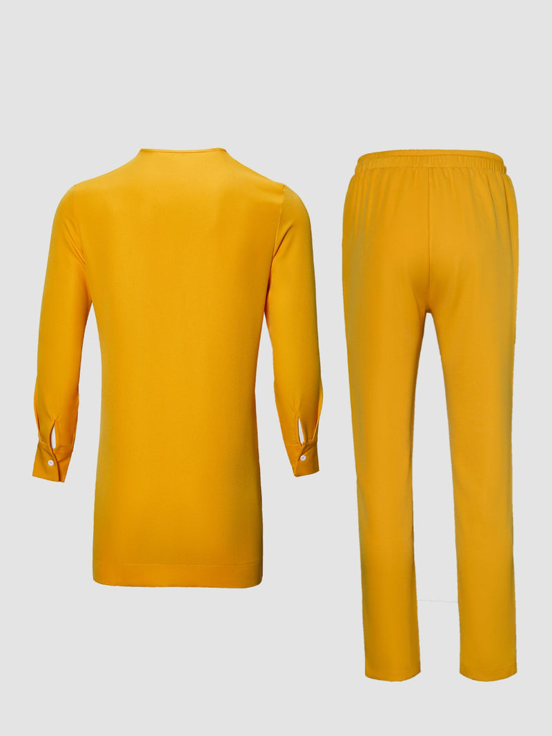 Plus Size Casual Yellow Colorblock Long Sleeve Men's Set