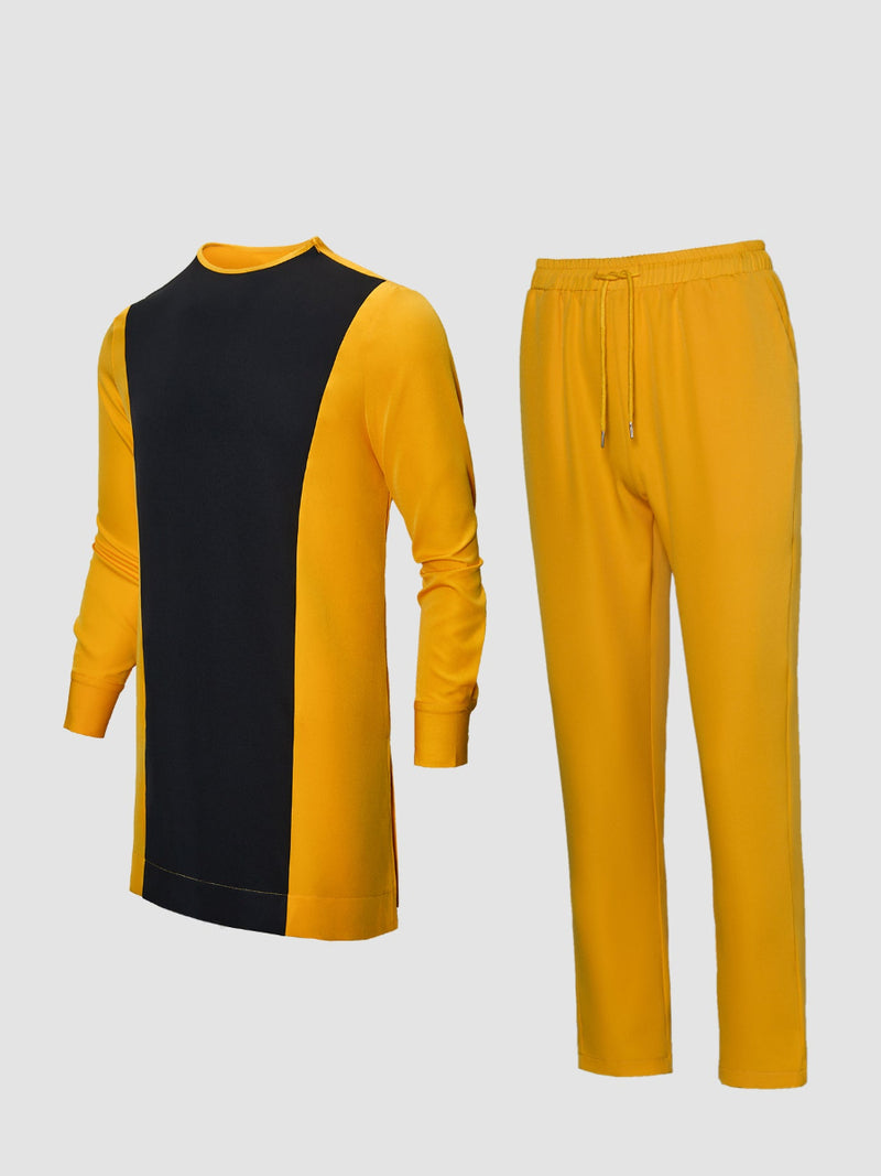 Plus Size Casual Yellow Colorblock Long Sleeve Men's Set