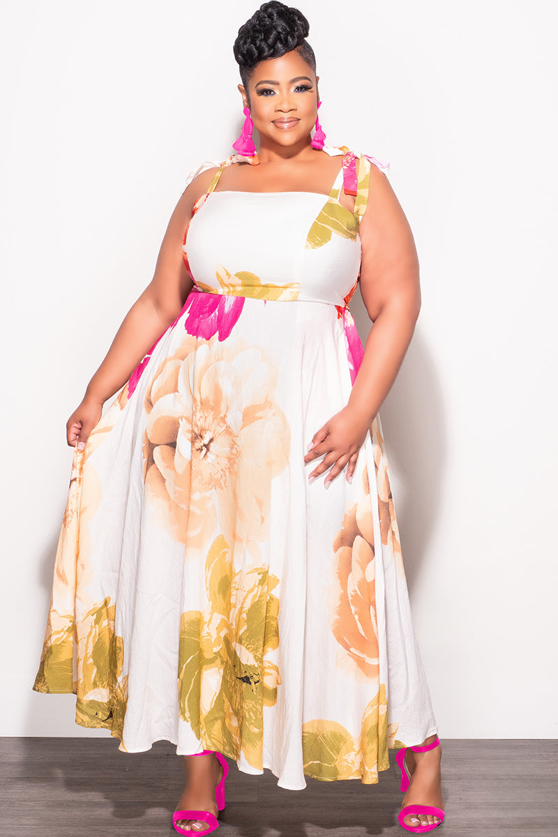 Final Sale Plus Size Self Tie Strap Light Weight Linen Blend Dress in Ivory Floral Print