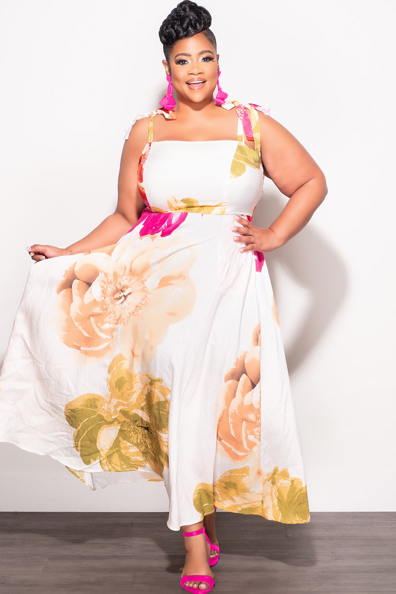 Final Sale Plus Size Self Tie Strap Light Weight Linen Blend Dress in Ivory Floral Print