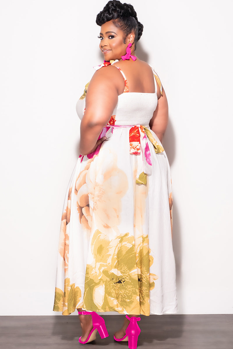 Final Sale Plus Size Self Tie Strap Light Weight Linen Blend Dress in Ivory Floral Print