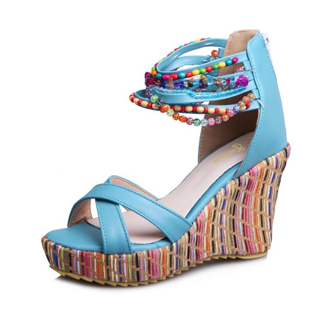 Lucyever 2019 Summer Women Colorful Beads High Heels Sandals National Style Wedges Platform Bohemia Shoes Woman Plus Size 34-43