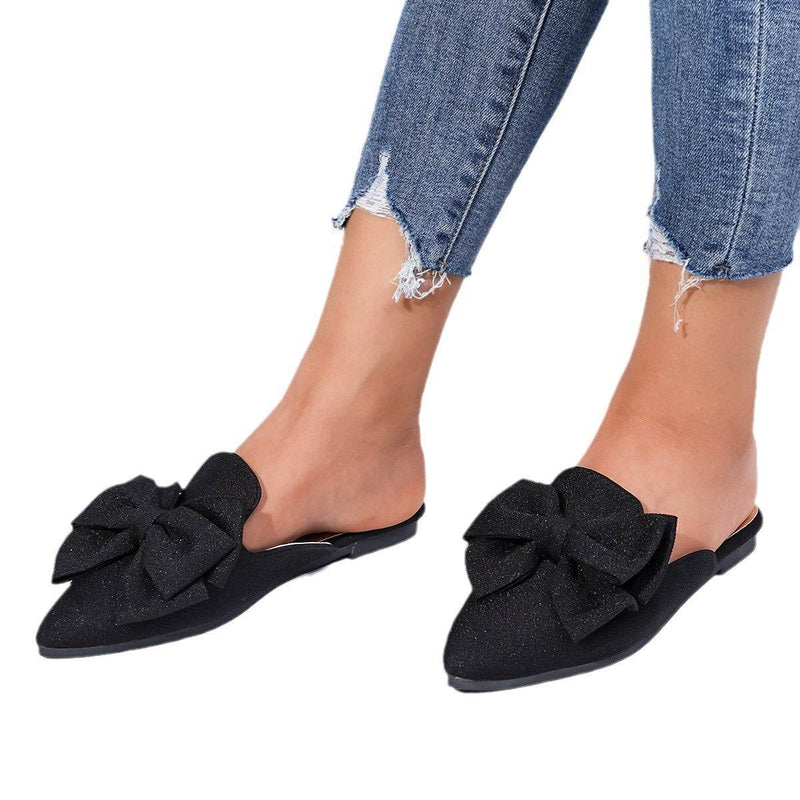 Plus Size Trendy Beach Slippers - Women's Bow Sandals in Black & Pink