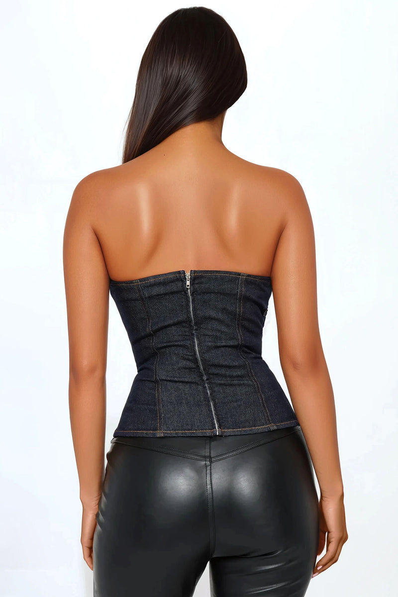Think Of Me Denim Corset Top - Dark Wash