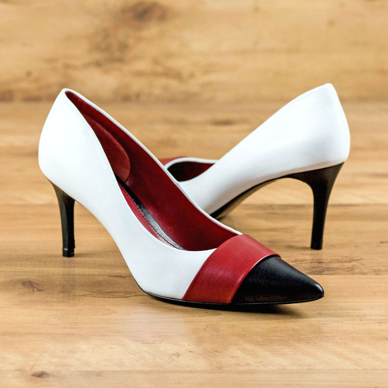 Women's Milan Pointed Toe Leather Heels Wide Plus Size Passion Red Pure White 4769