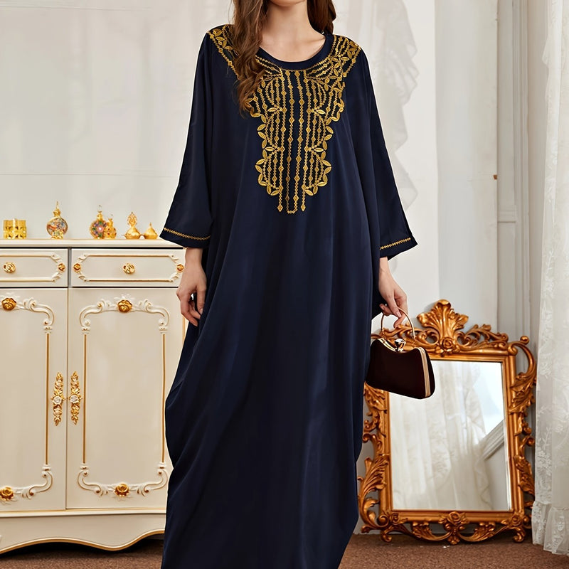 Plus Size Geometric Pattern Kaftan Dress, Elegant Crew Neck Long Sleeve Dress, Women's Plus Size Clothing