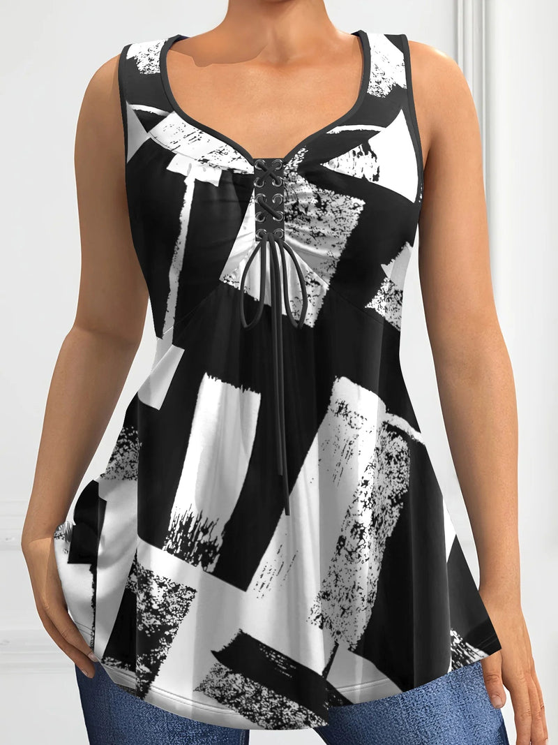 Plus Size lL5XL Patchwork Print Tank Top, Casual V Neck Sleeveless Drawstring Tank Top For Summer, Women's Plus Size Clothing 2024