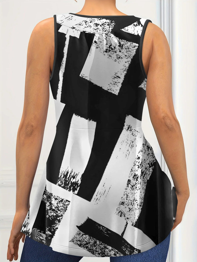Plus Size lL5XL Patchwork Print Tank Top, Casual V Neck Sleeveless Drawstring Tank Top For Summer, Women's Plus Size Clothing 2024