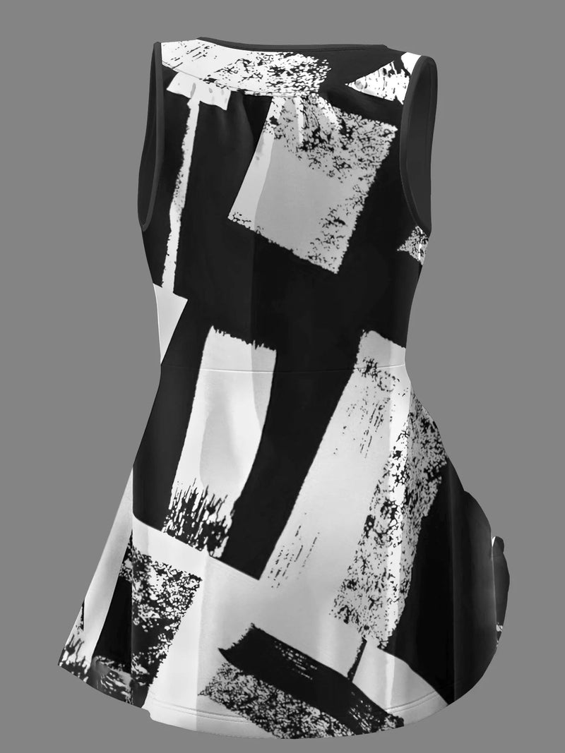 Plus Size lL5XL Patchwork Print Tank Top, Casual V Neck Sleeveless Drawstring Tank Top For Summer, Women's Plus Size Clothing 2024