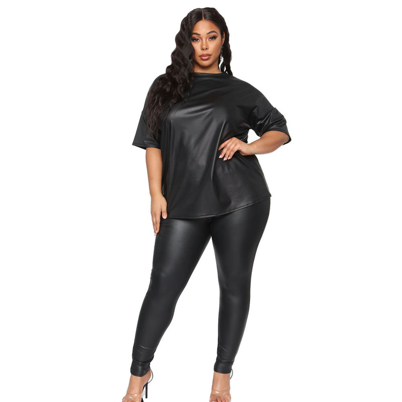 Plus Size Women Clothes Autumn Solid Color Leather Short Sleeve Slim Trousers Casual Blazer