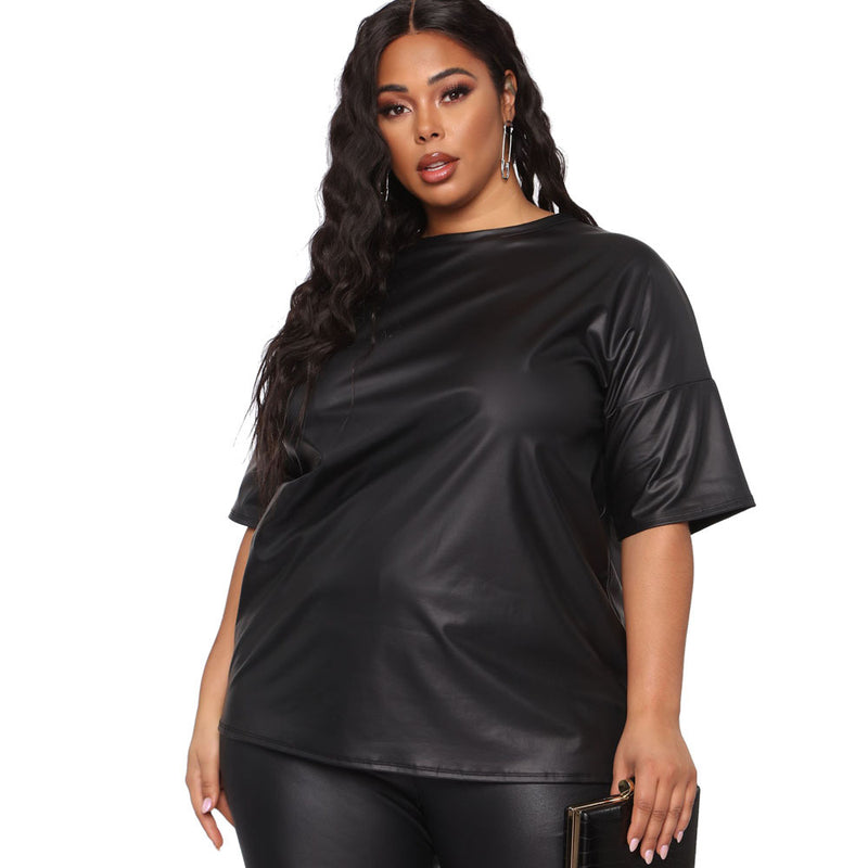 Plus Size Women Clothes Autumn Solid Color Leather Short Sleeve Slim Trousers Casual Blazer
