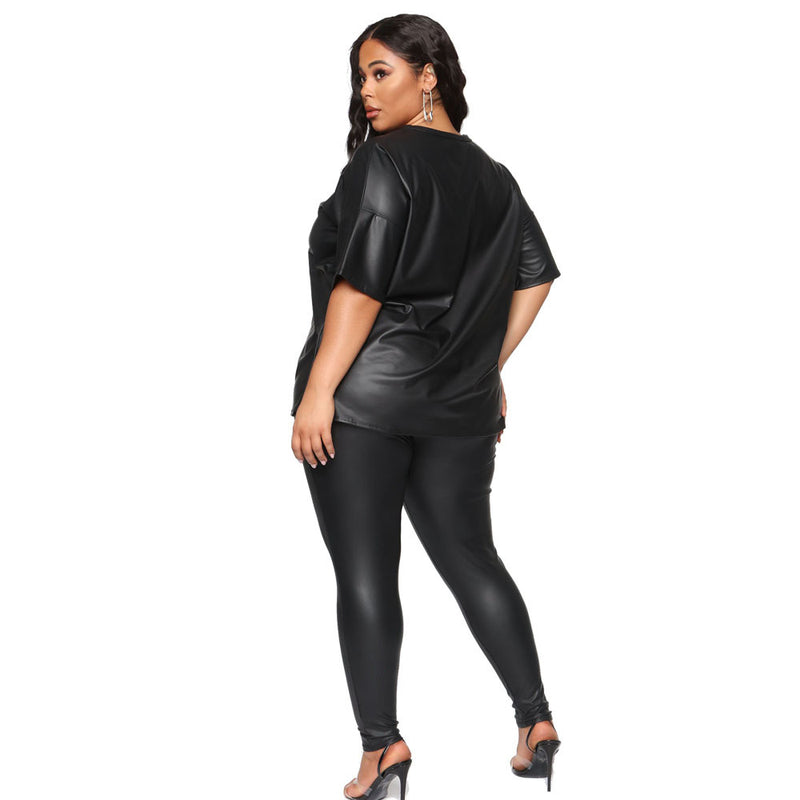 Plus Size Women Clothes Autumn Solid Color Leather Short Sleeve Slim Trousers Casual Blazer