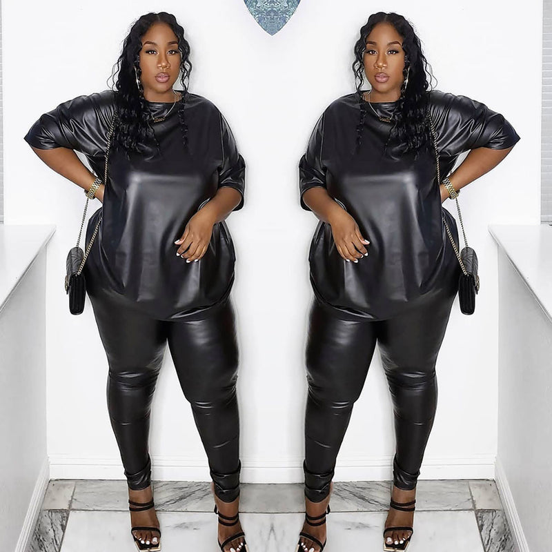 Plus Size Women Clothes Autumn Solid Color Leather Short Sleeve Slim Trousers Casual Blazer