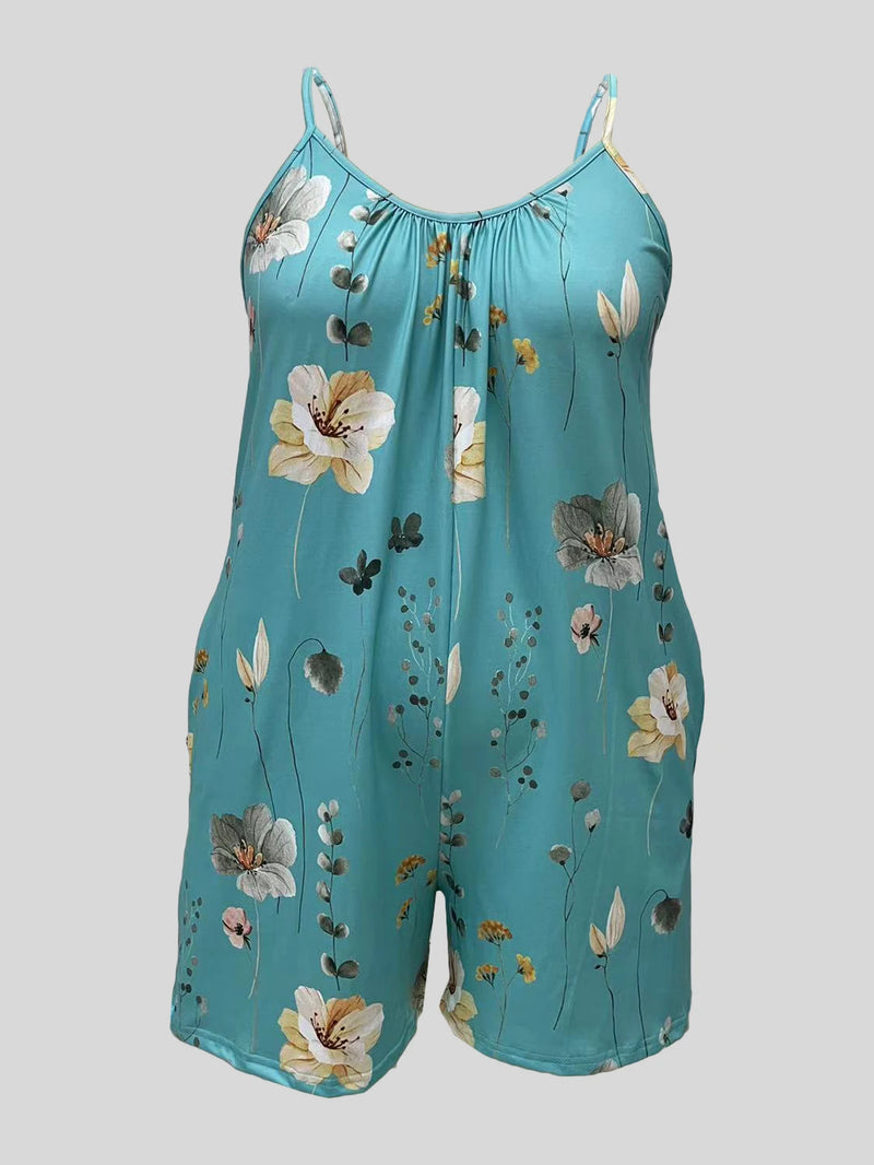 Plus Size Allover Print Cami Romper Jumpsuit, Casual Pocket Ruched Sleeveless Romper Jumpsuit, Women's Plus Size Clothing