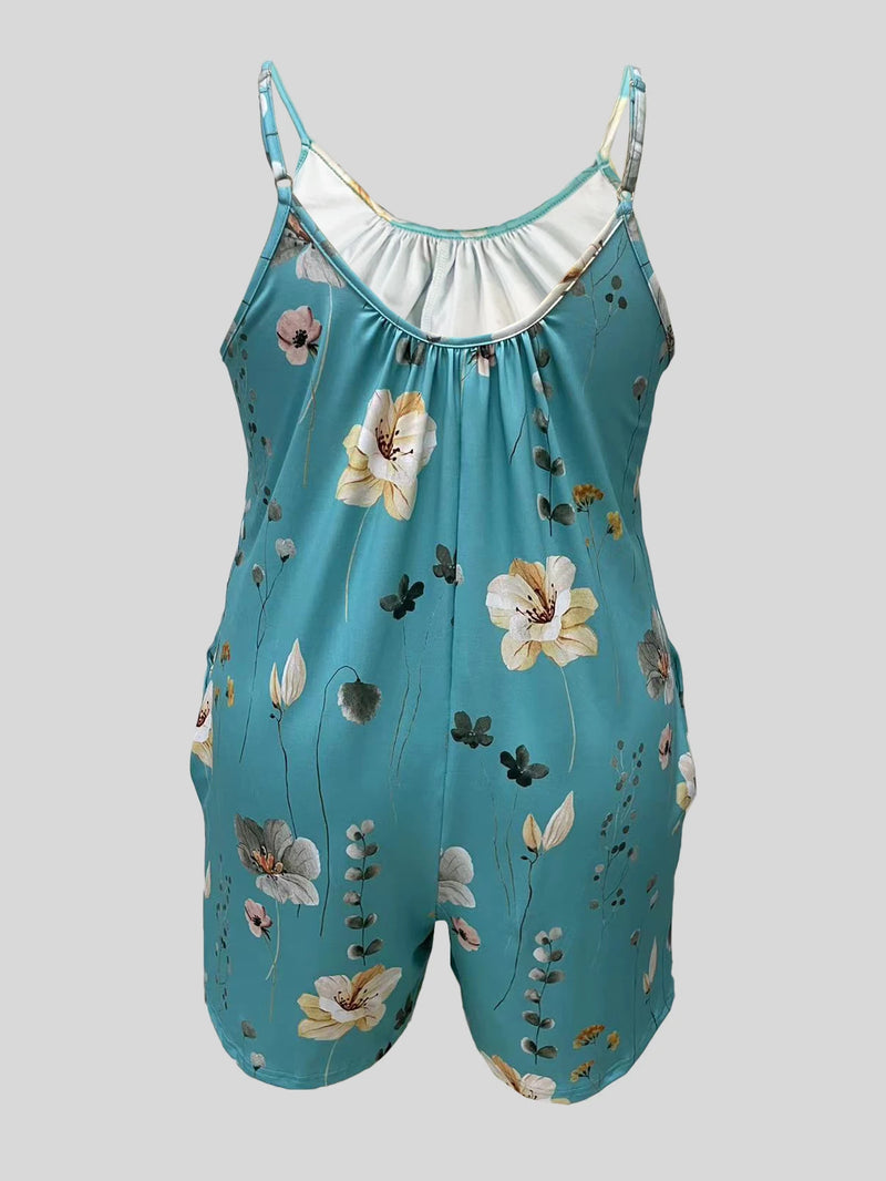 Plus Size Allover Print Cami Romper Jumpsuit, Casual Pocket Ruched Sleeveless Romper Jumpsuit, Women's Plus Size Clothing