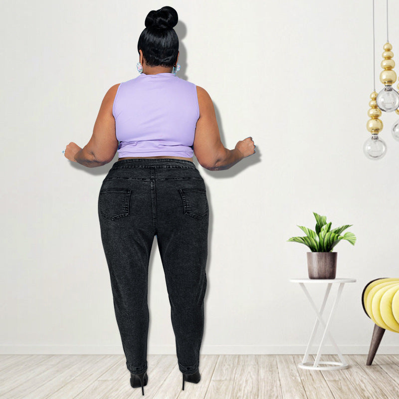 Plus Size Women Clothing Autumn  Corns Rope Hand Brush Floral Jeans