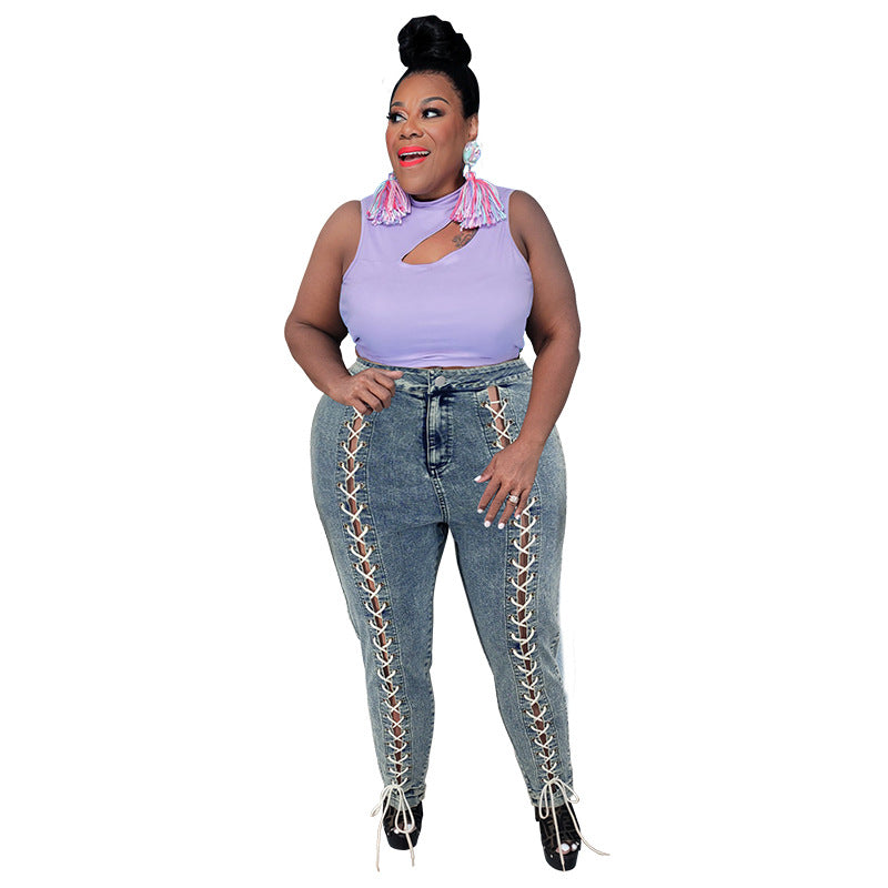 Plus Size Women Clothing Autumn  Corns Rope Hand Brush Floral Jeans