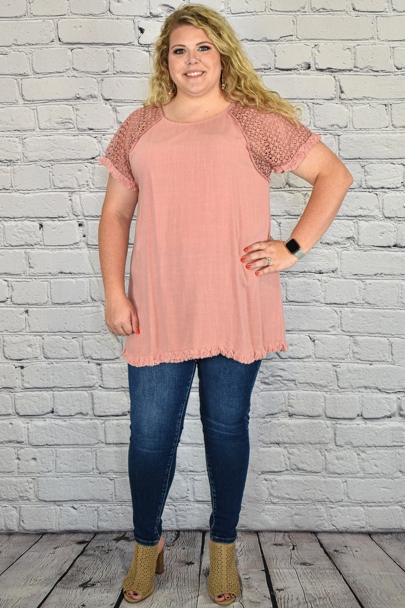 Frayed Hem Linen Tunic Top with Floral Crochet Sleeves in Plus Size by Umgee Clothing