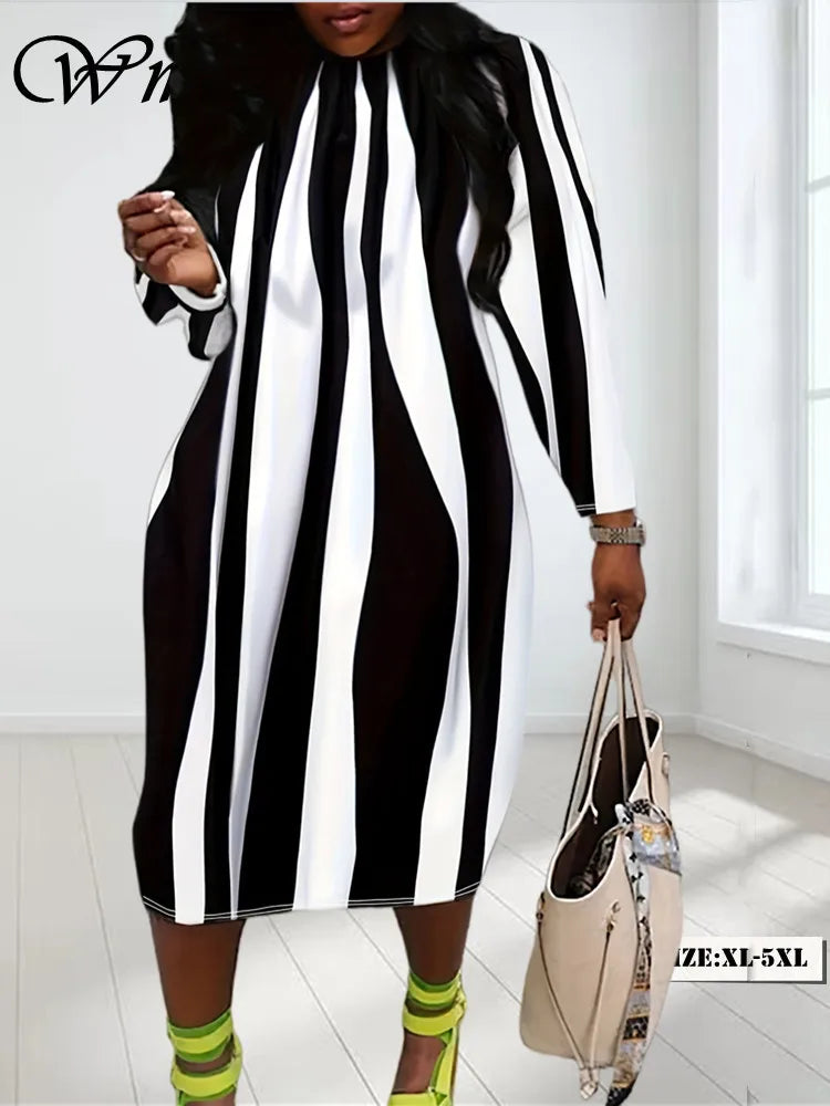 Wmstar Plus Size Dresses for Women Striped O Neck Loose Fashion Elegant New in Fall Clothing Maxi Dress Wholesale Dropshipping