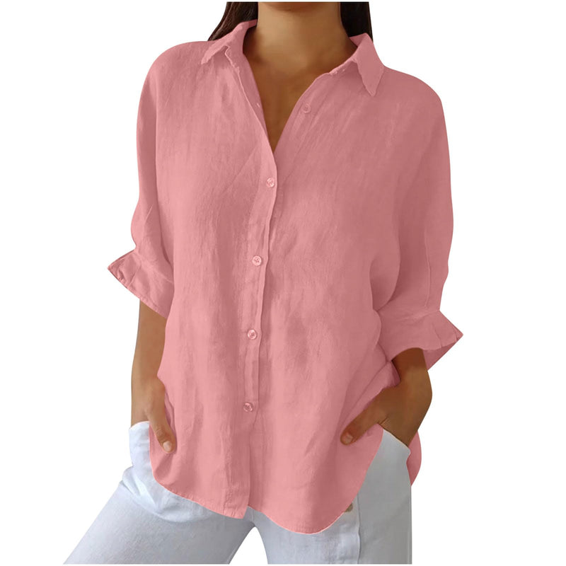 FOCLMP Women Button Down Shirts Cotton Linen Blouse Tops 3/4 Sleeve Gauze Collar Shirt Tunic Loose Fit Fashion Trendy Clothes Summer Tops for Women 2024 Trendy Plus Size Pink S