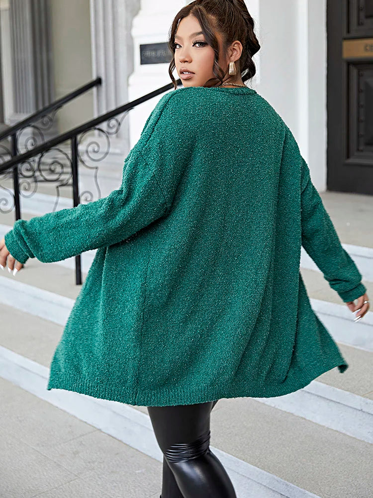 ONELINK Vintage Dark Green Plus Size Long Sleeves Open Cardigan Sweater Jacket For Women Outerwear 2022 Autumn Winter Clothing