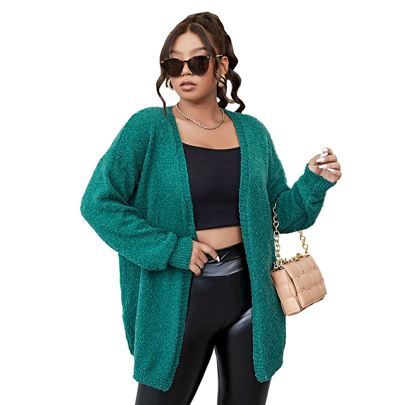 ONELINK Vintage Dark Green Plus Size Long Sleeves Open Cardigan Sweater Jacket For Women Outerwear 2022 Autumn Winter Clothing