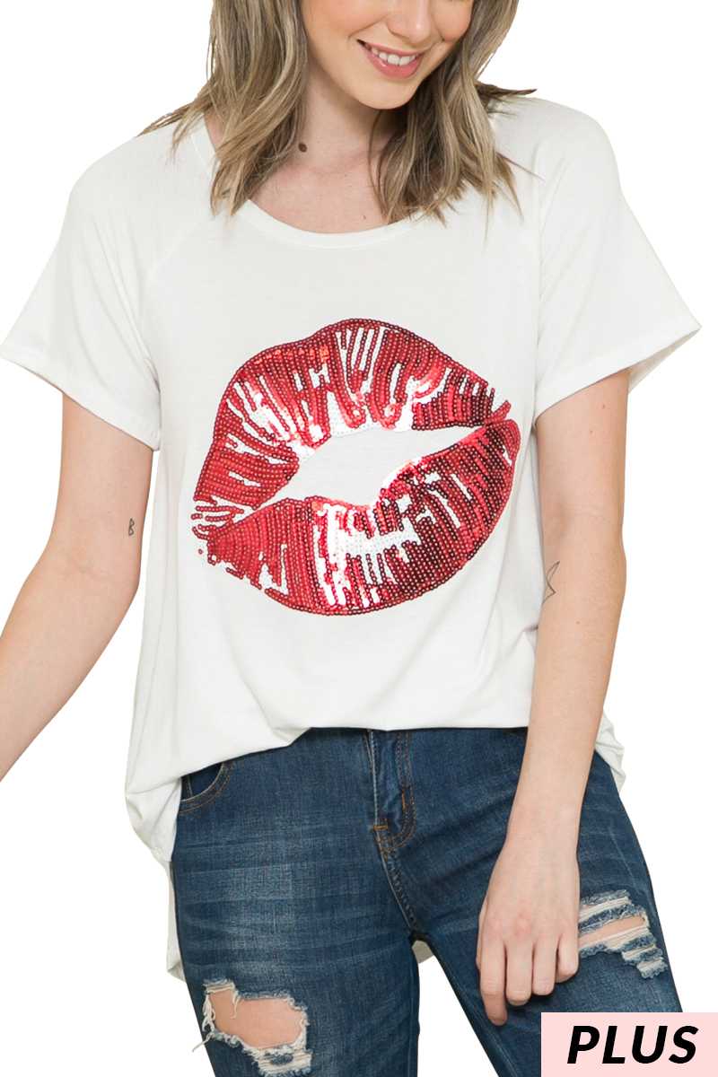 65 GT-K {Kiss Me Please} White Graphic Tee with Sequined Lips PLUS SIZE 1X 2X 3X