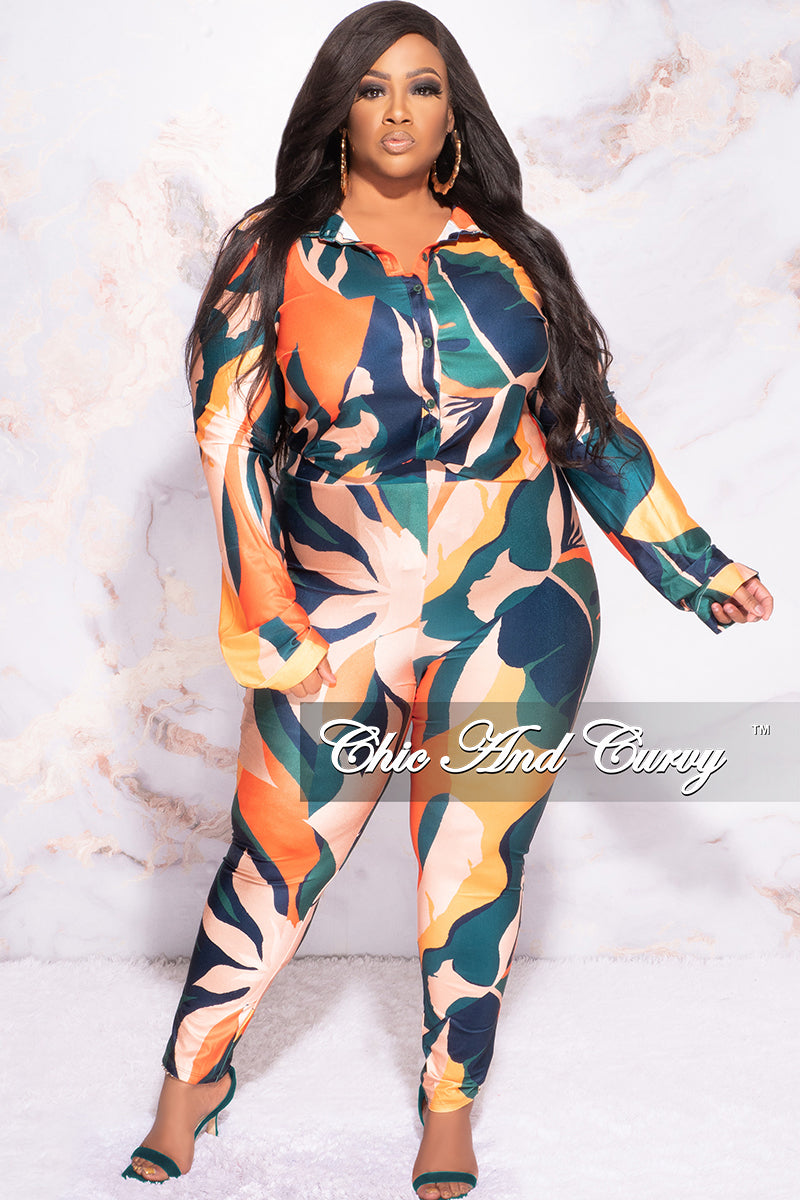 Final Sale Plus Size 2pc Button Up Collar Top and Pants Set in Dark Teal Orange Mustard Multi Color Design Print