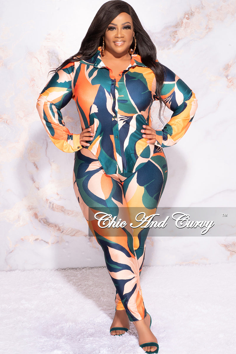 Final Sale Plus Size 2pc Button Up Collar Top and Pants Set in Dark Teal Orange Mustard Multi Color Design Print