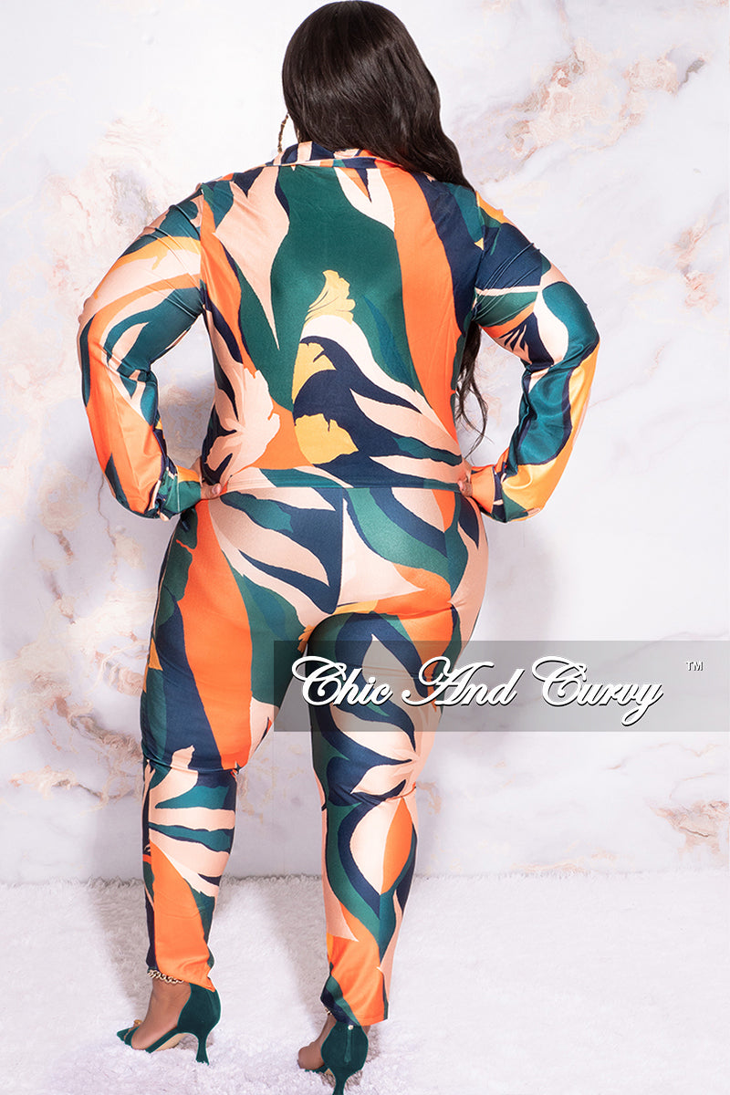 Final Sale Plus Size 2pc Button Up Collar Top and Pants Set in Dark Teal Orange Mustard Multi Color Design Print