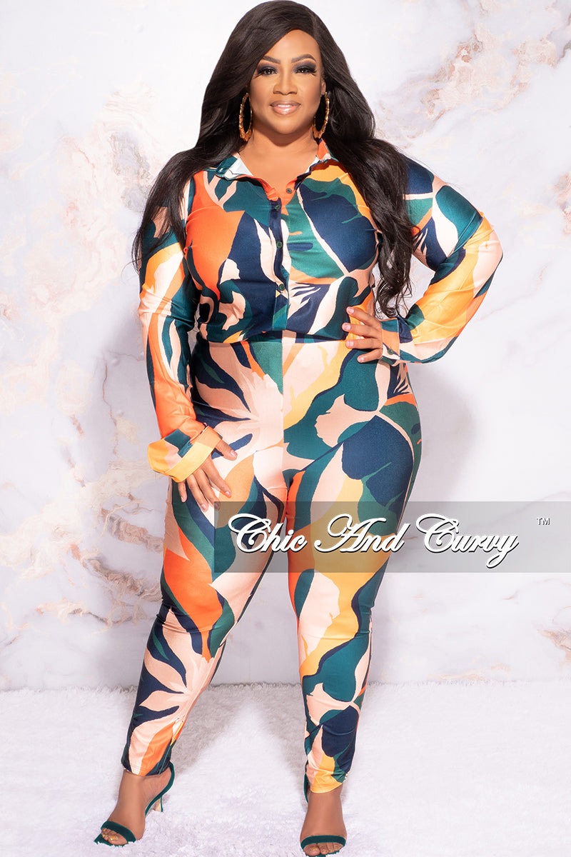 Final Sale Plus Size 2pc Button Up Collar Top and Pants Set in Dark Teal Orange Mustard Multi Color Design Print
