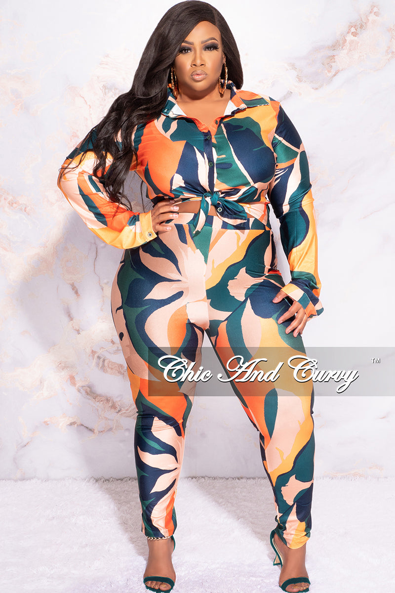 Final Sale Plus Size 2pc Button Up Collar Top and Pants Set in Dark Teal Orange Mustard Multi Color Design Print