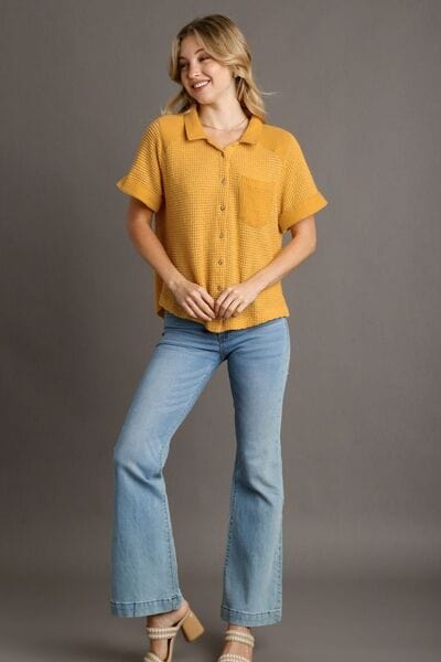 Umgee Full Size Waffle-Knit Short Sleeve Button Down Shirt Plus Size