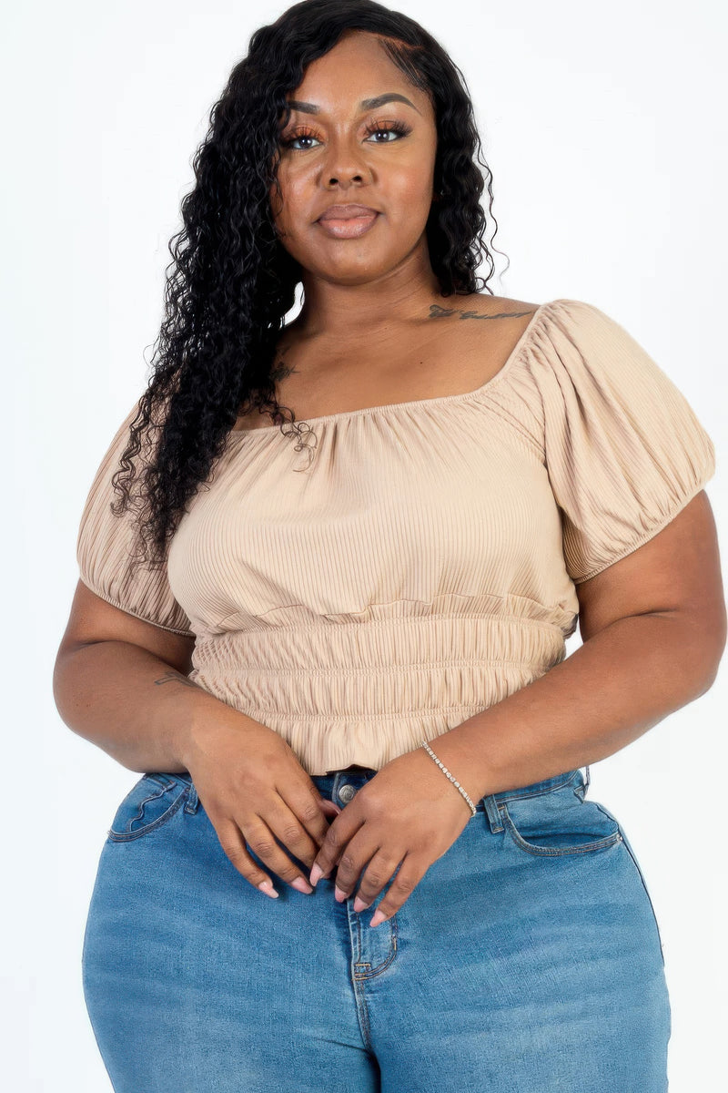Stacey B's Plus size casual ruched puff sleeve ribbed knit solid top