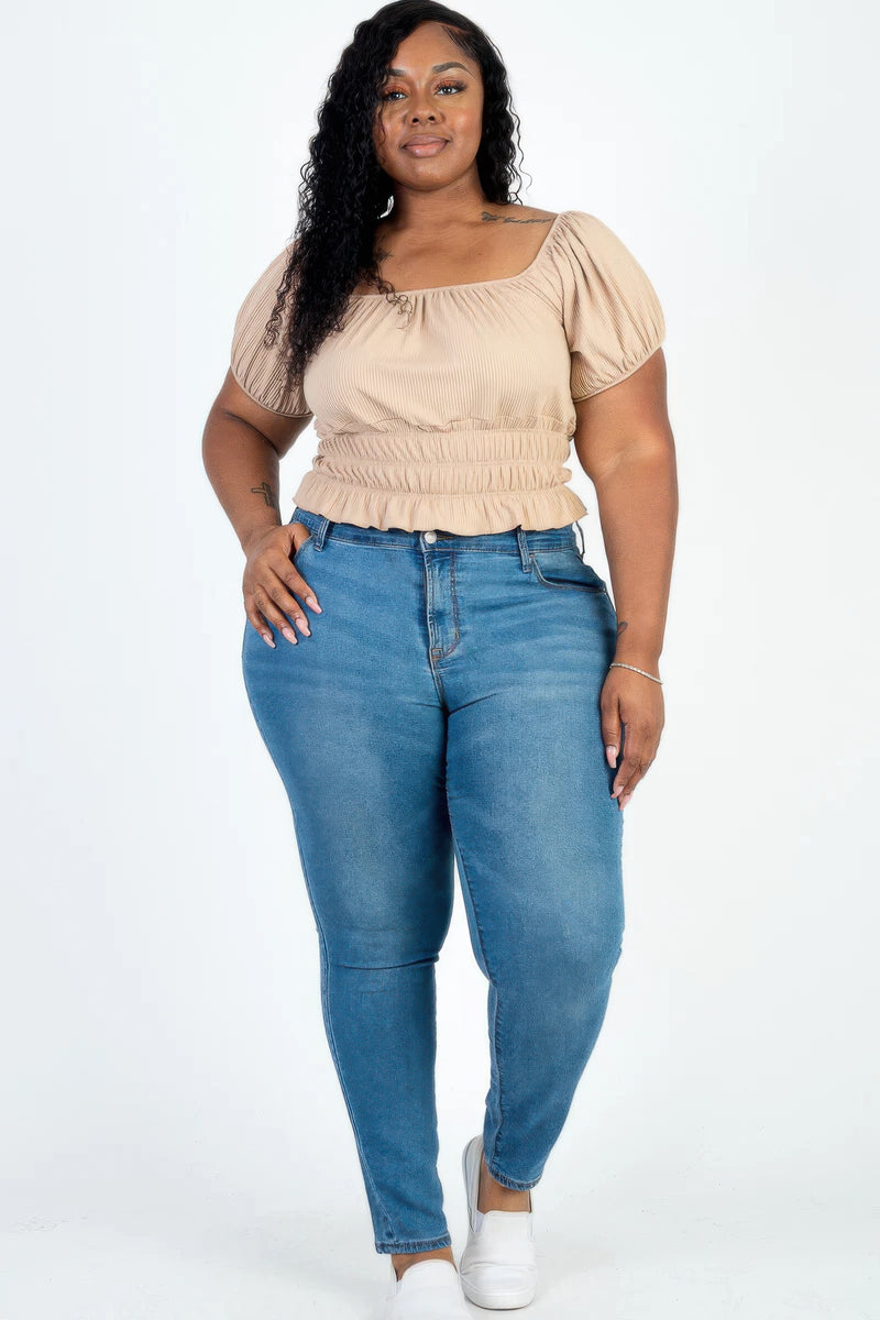 Stacey B's Plus size casual ruched puff sleeve ribbed knit solid top