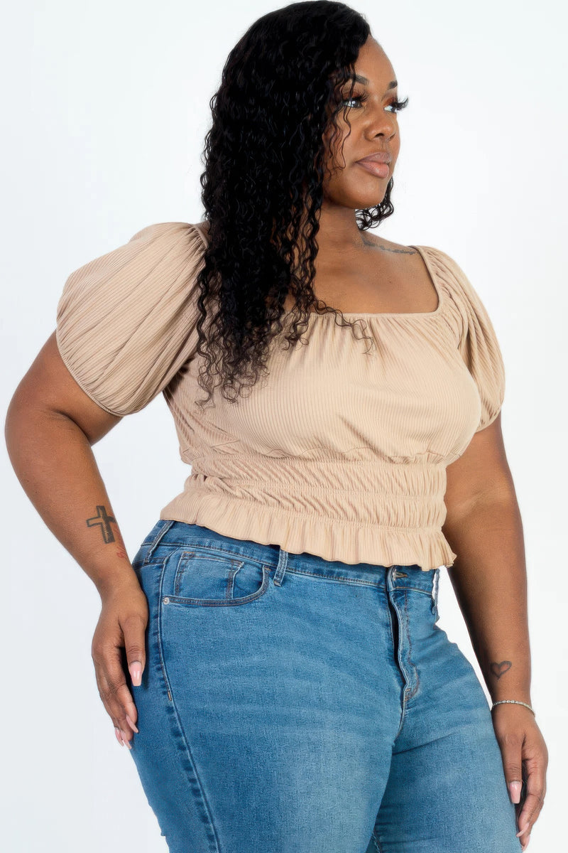 Stacey B's Plus size casual ruched puff sleeve ribbed knit solid top