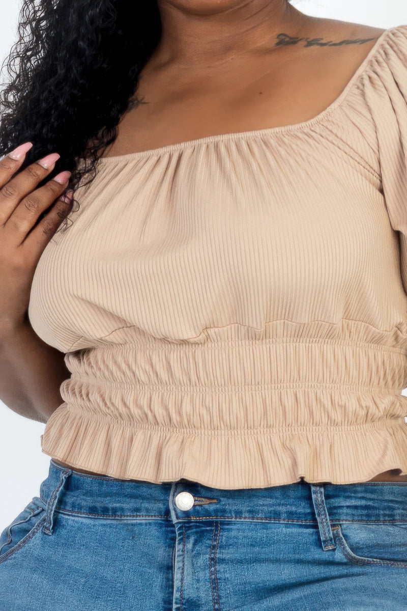 Stacey B's Plus size casual ruched puff sleeve ribbed knit solid top