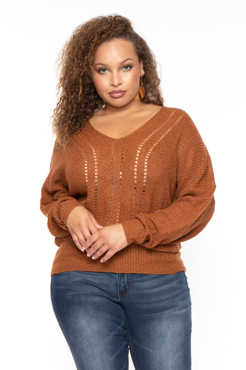 Plus Size Pointelle Tunic Sweater - Camel