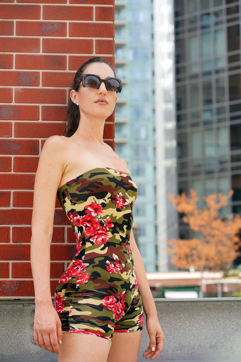 Tube Top Camo Form-fitting Short Unitard Romper Bodysuit