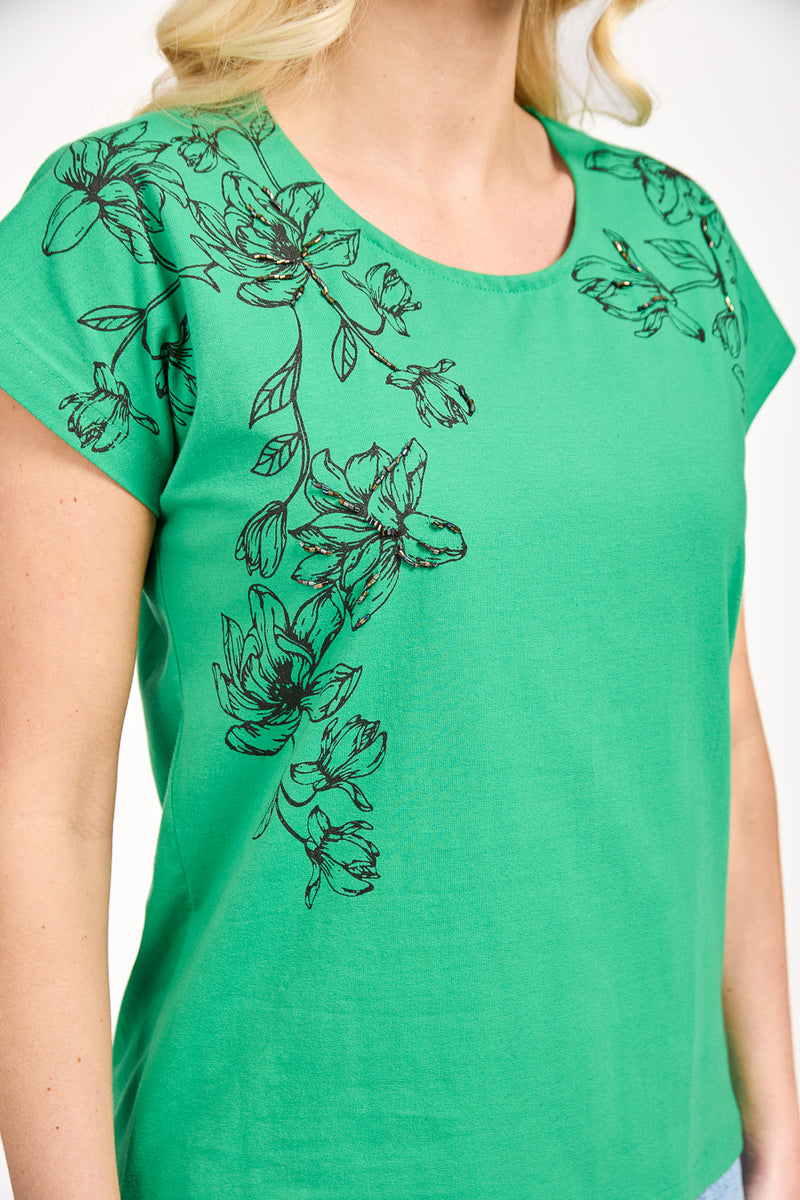 Embellished Glitter Leaf Print Top