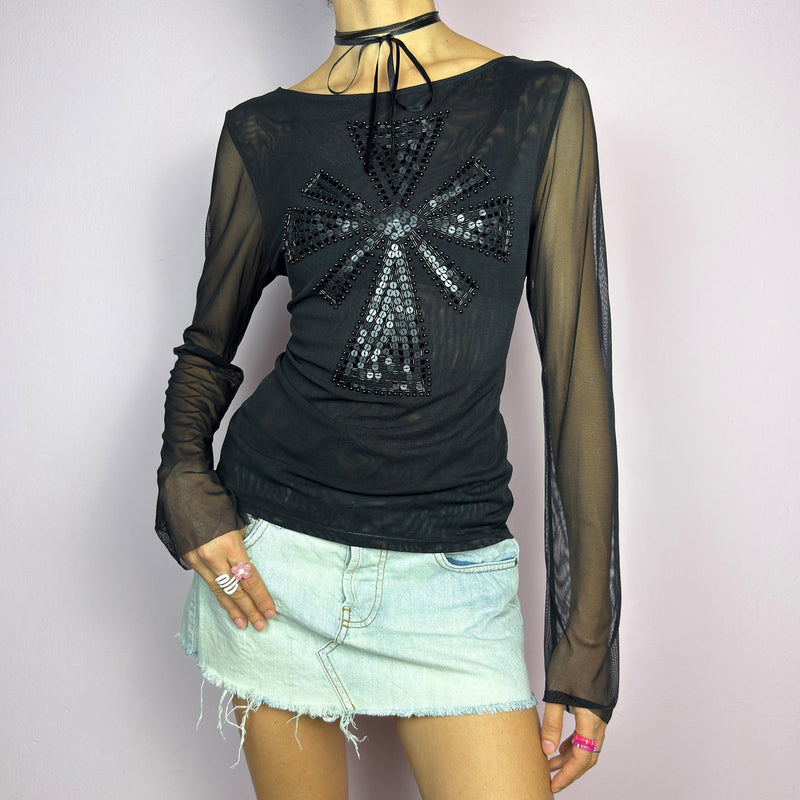 Vintage Y2K Black Sequin Embellished Mesh Sheer Top – Size M