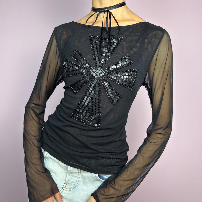 Vintage Y2K Black Sequin Embellished Mesh Sheer Top – Size M