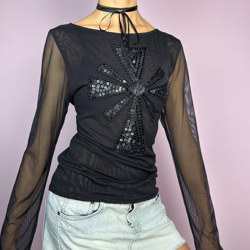 Vintage Y2K Black Sequin Embellished Mesh Sheer Top – Size M