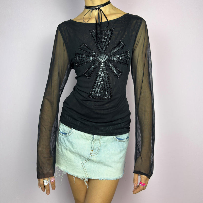 Vintage Y2K Black Sequin Embellished Mesh Sheer Top – Size M